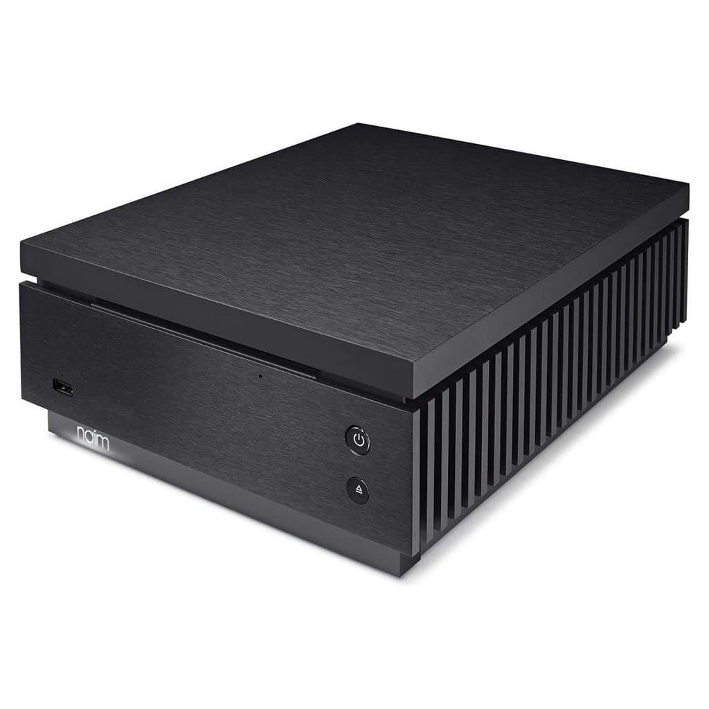 The Naim Uniti Core Music Server is a black, rectangular device with textured, vented sides and front panel featuring the Naim logo, power button, another button, and USB port—perfect for managing your digital music collection.