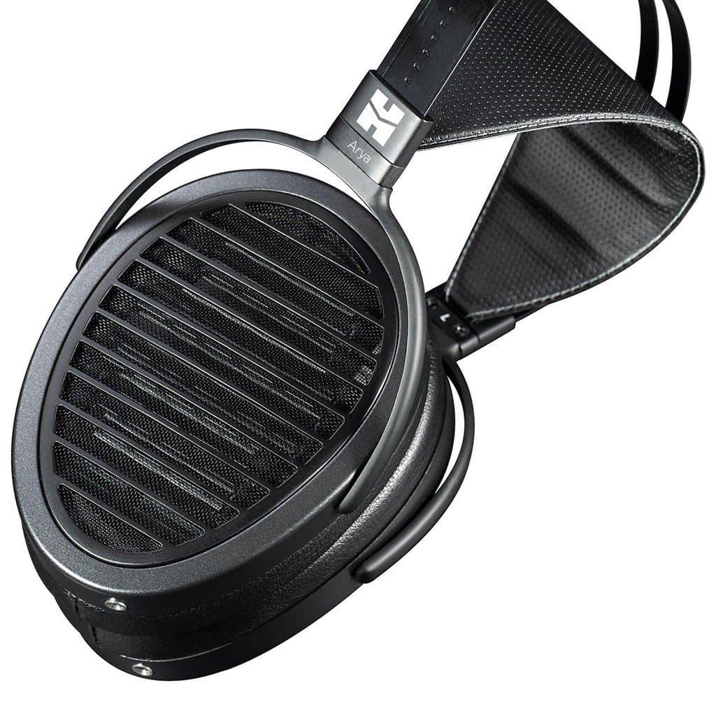 Close-up of Hifiman Arya V3 Stealth Magnets Edition over-ear headphones with black open-back grille, padded headband, and metallic frame. Features planar drivers for a wide soundstage. Hifiman logo visible. Open Box version shown.