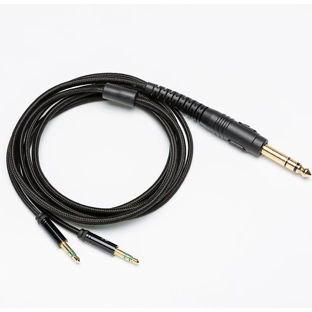 A black braided audio cable with a 1/4-inch TRS plug and dual 3.5mm TRS plugs, ideal for the Hifiman Arya V3 Stealth Magnets Edition (Open Box) headphones, delivering wide soundstage and exceptional planar performance.