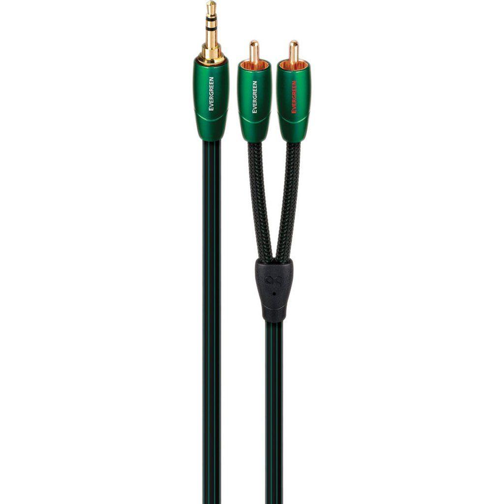 The AudioQuest Evergreen 3.5mm-RCA Analog Interconnect by AudioQuest, shown on a white background, features green and black design with long-grain copper conductors, a 3.5mm stereo plug on one end, and dual RCA connectors (red/white) on the other.