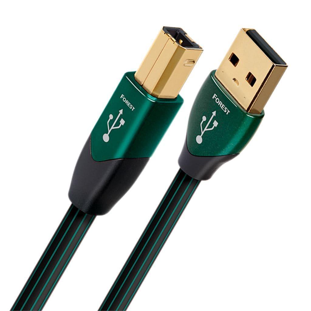 Close-up of the AudioQuest Forest USB A to USB B Digital Interconnect by AudioQuest, featuring green and black cable, gold-plated connectors labeled Forest with a USB symbol, and high-density polyethylene insulation.