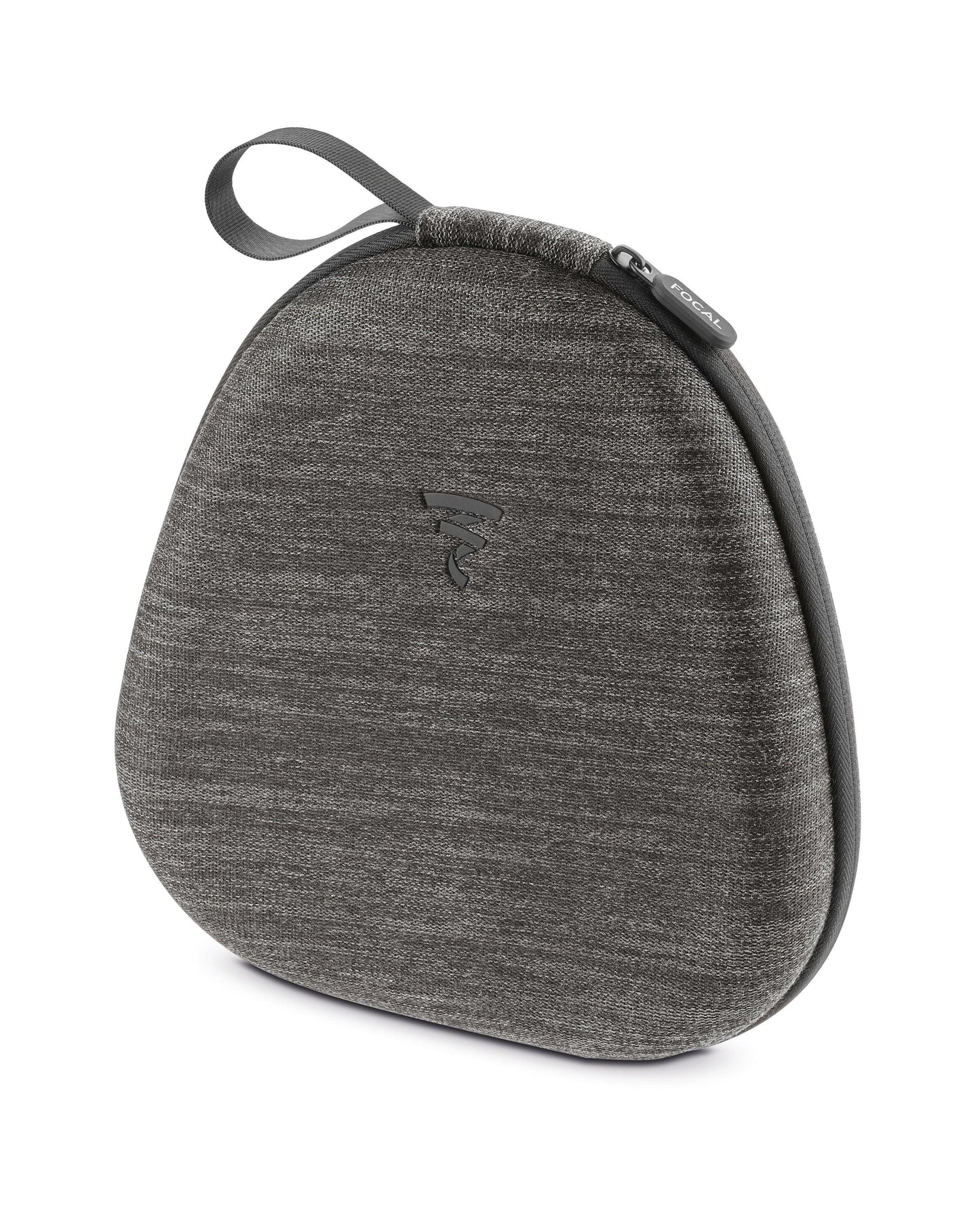 A gray, textured Focal Bathys carrying case with a rounded triangular shape, top handle loop, and embossed Focal logo on front—ideal for keeping your active noise-canceling headphones safe and secure.