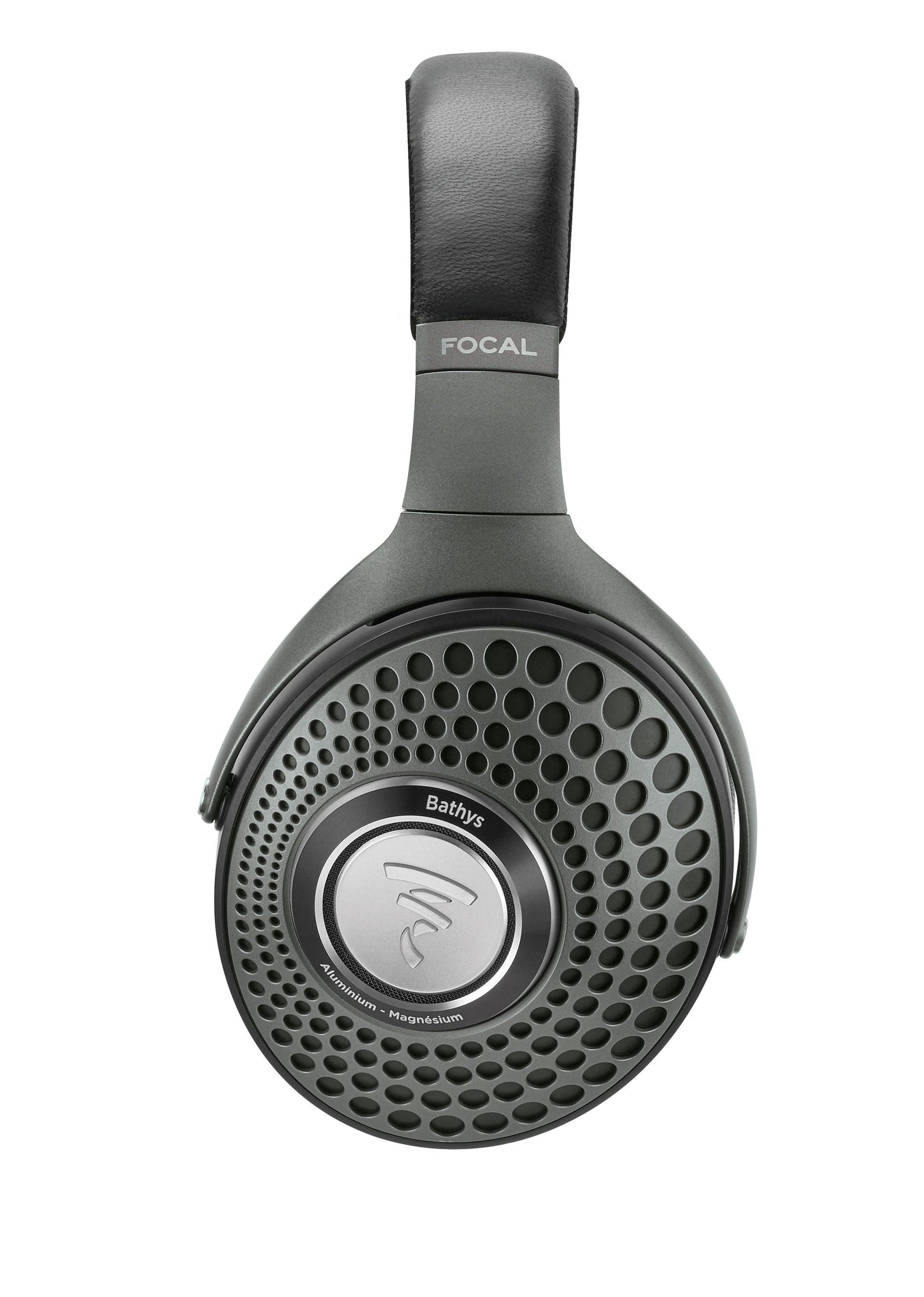 A close-up of the Focal Bathys headphones highlights their black ear cup with a circular grille design and the Focal logo centered.