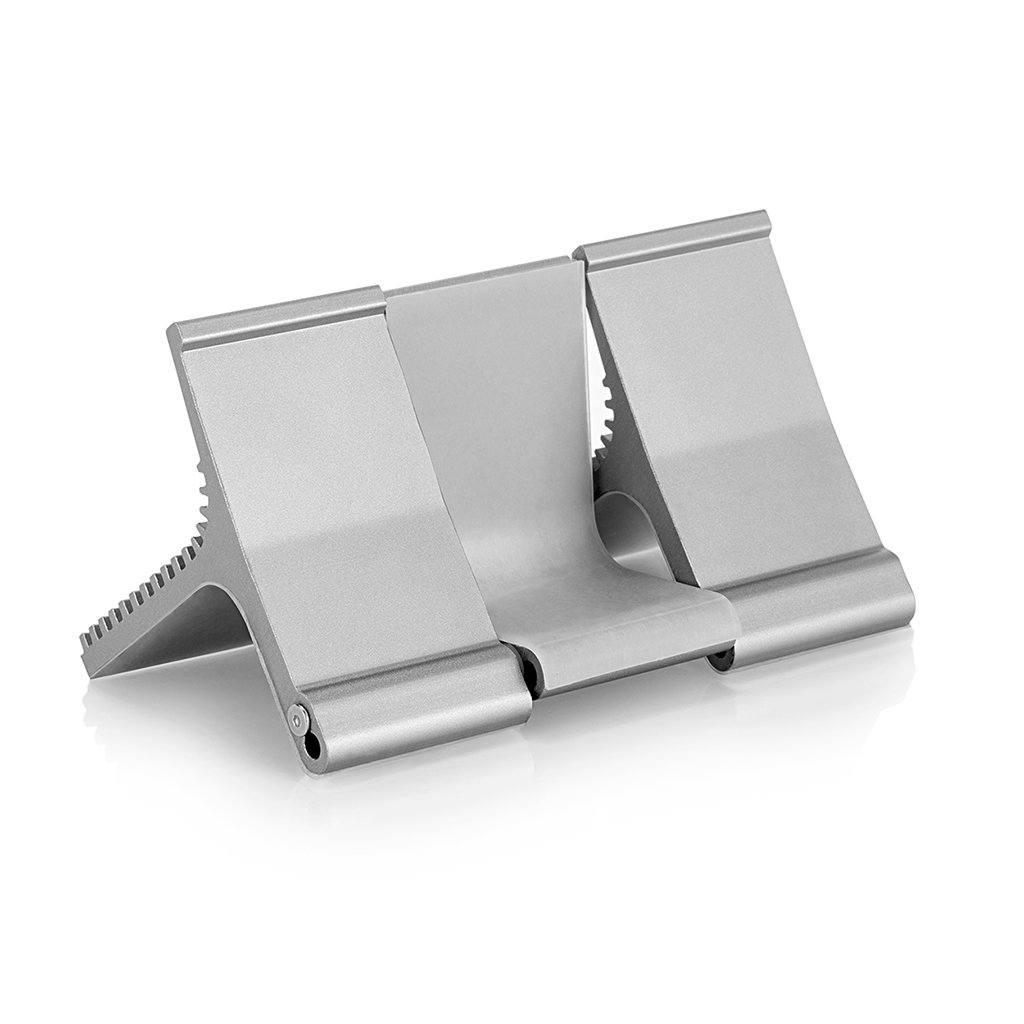 The Burson Audio Cool Stand R (Large) is a silver, foldable stand with three angled slots, ideal for holding phones or tablets—even those used with Burson Audio Class-A amplifiers—displayed on a white background.