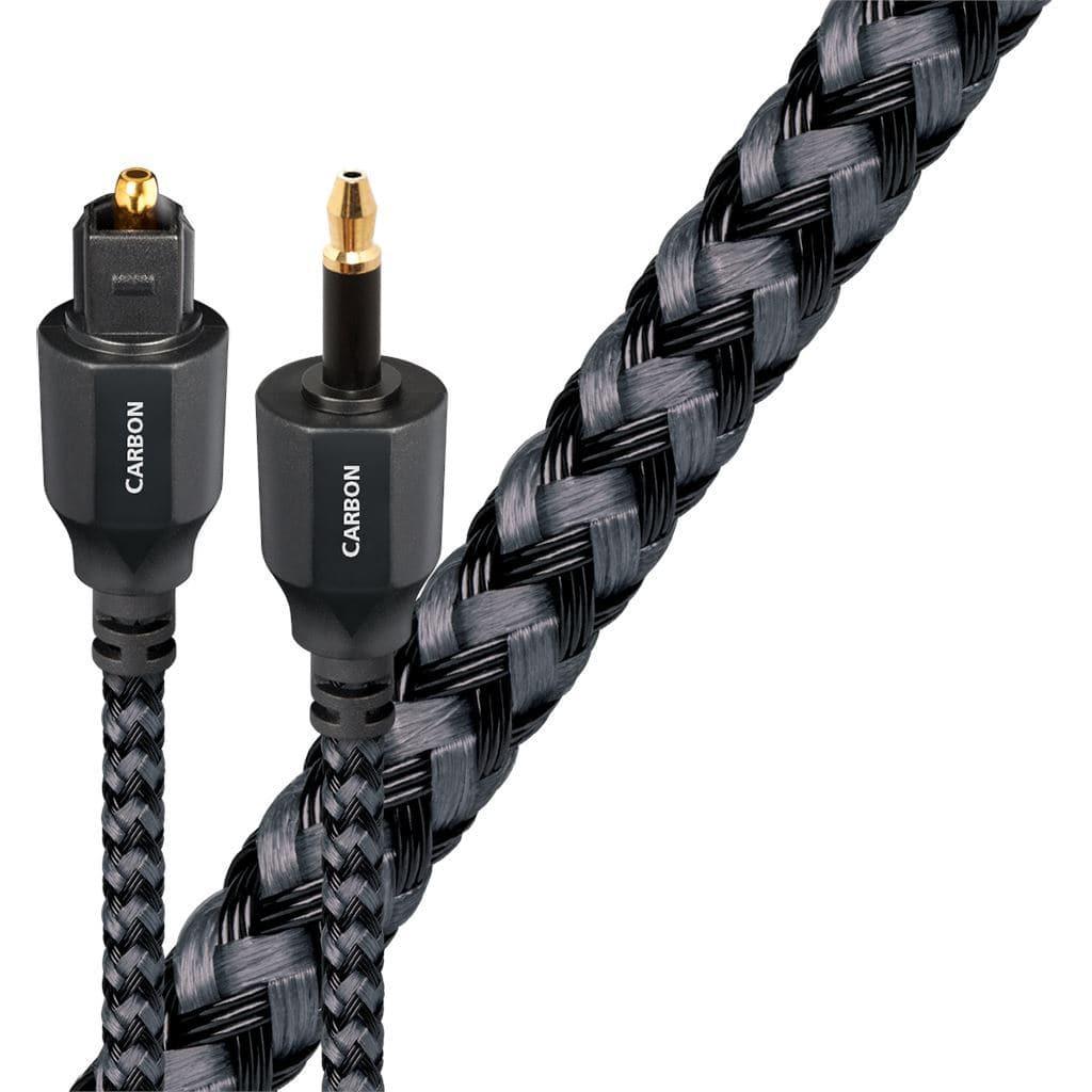 Two AudioQuest Carbon Optilink cables by AudioQuest with black and gray braided sheaths: one with a rectangular optical connector, the other with a round gold-plated tip. Available at Headphones.com—pay with Crypto for seamless shopping. Close-up of cable shown.