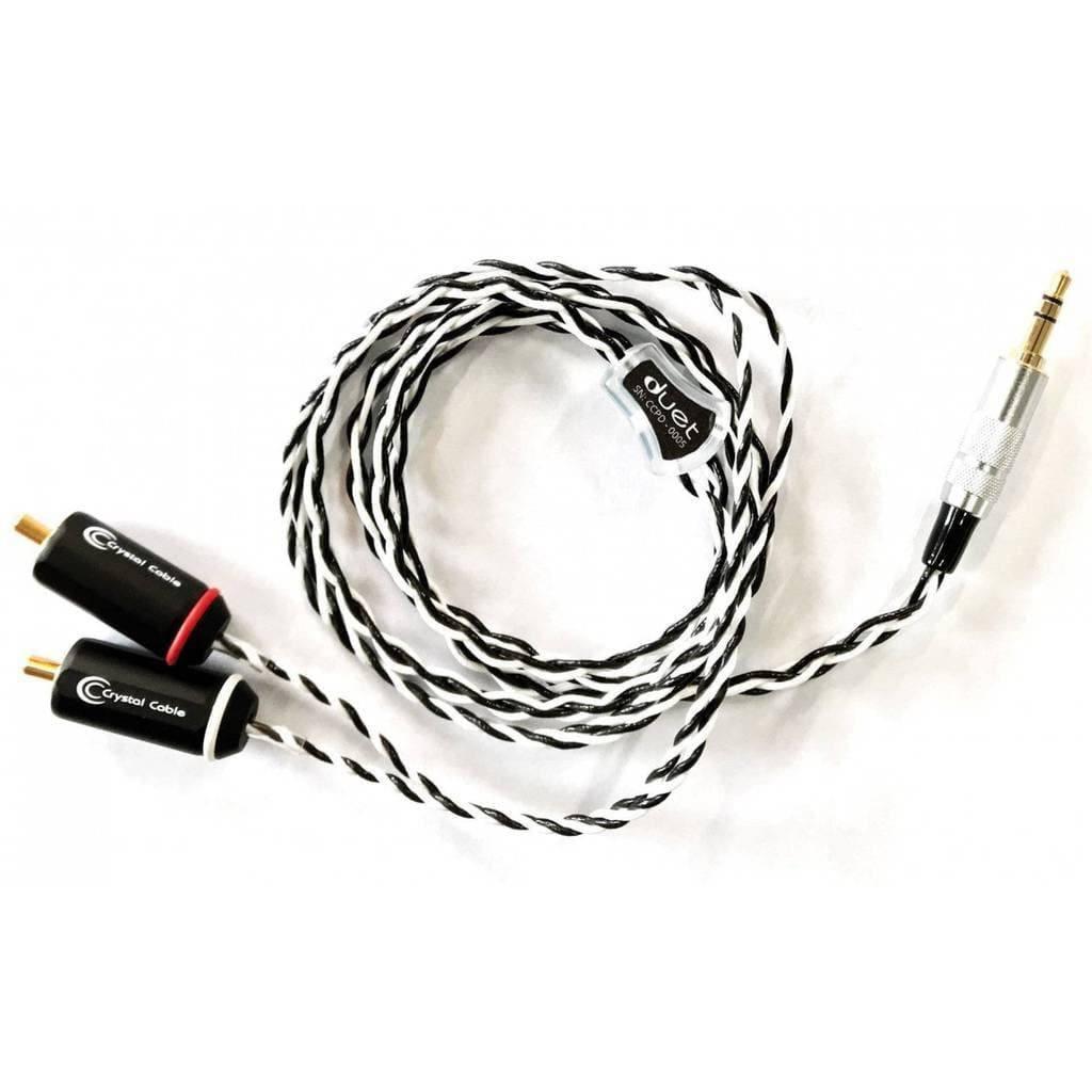 The Crystal Cables Crystal Cable DUET for Focal Utopia is a black and white braided audio cable with a 3.5mm jack and two RCA connectors, perfect for high-end portable audio setups. Shown on a white background.