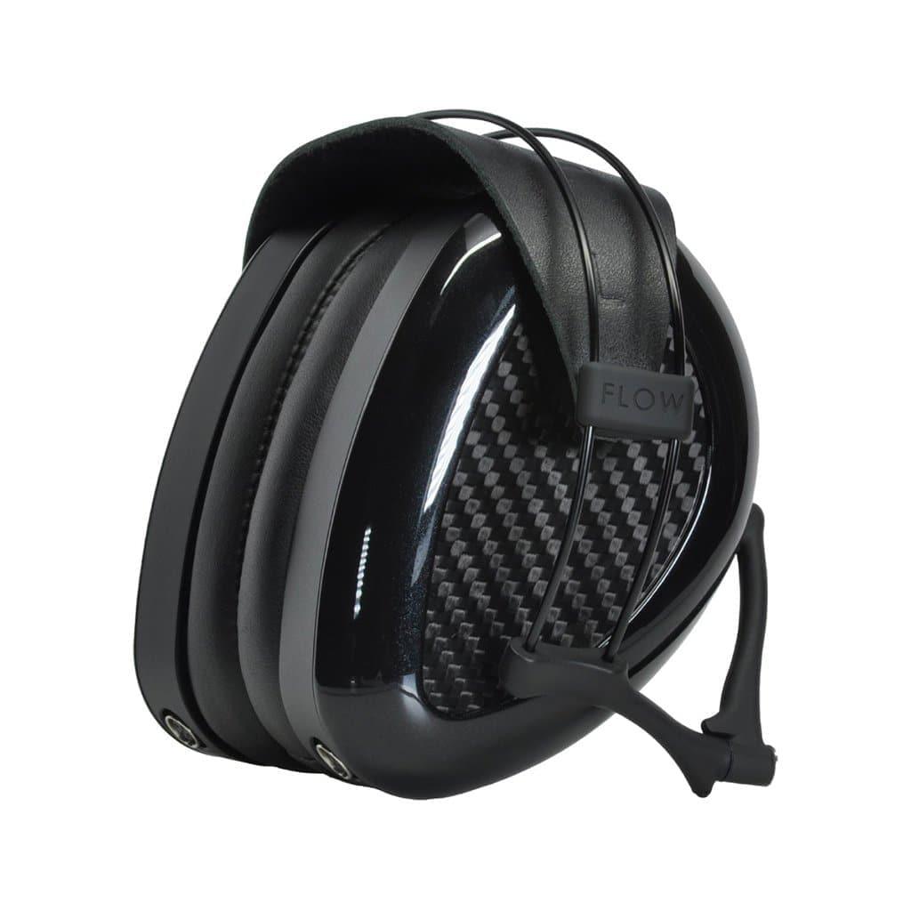 The Dan Clark Audio AEON 2 Noire Headphones - Open Box feature lightweight, over-ear design with glossy black and carbon fiber patterned ear cups, a cushioned headband, and the signature FLOW label on the metal slider.