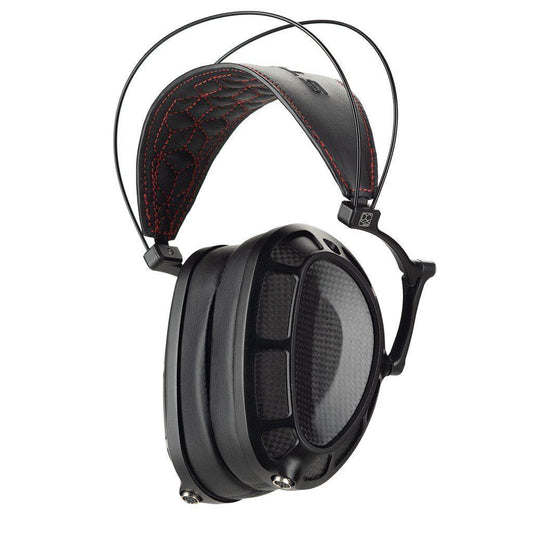 A pair of Dan Clark Audio Stealth Headphones - Open Box with large black ear cups, carbon fiber pattern, and a padded headband with red stitching and adjustable suspension.