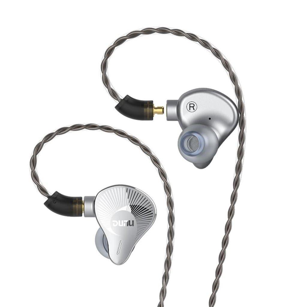 A pair of Dunu TopSound EST112 In-Ear Headphones by Dunu with silver housing, braided detachable cables, “DUNU” branding, and black and gold accents. These quad-driver triple-hybrid earphones feature a sleek, modern design.