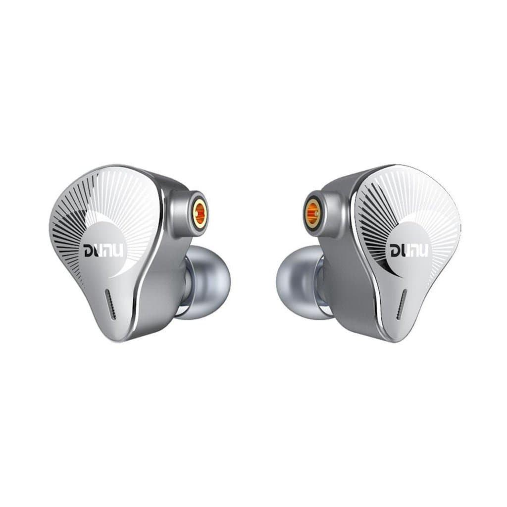 A pair of silver Dunu TopSound EST112 in-ear headphones feature a sleek, angular design with orange accents, DUNU branding, gray silicone ear tips, and quad-driver triple-hybrid technology.