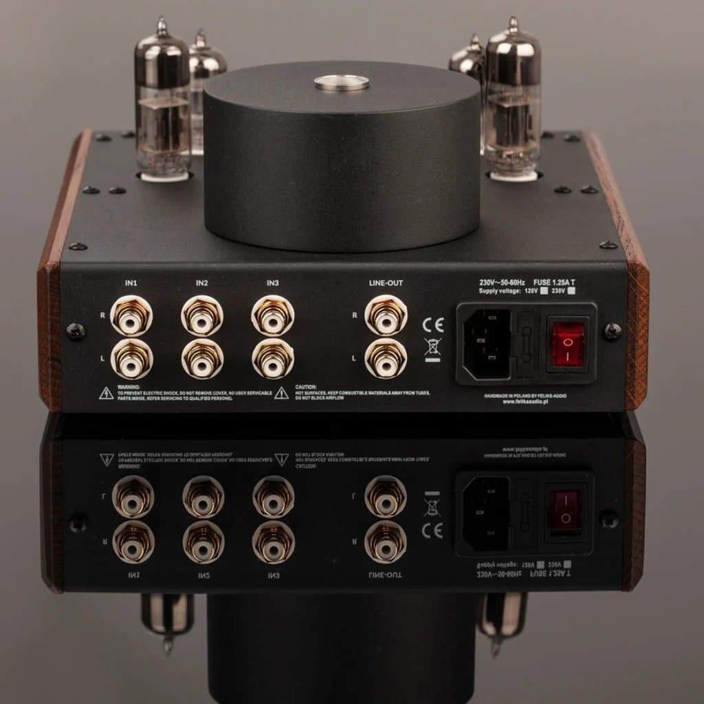 A Feliks Audio Echo MK II tube amplifier by Feliks Audio, featuring wooden side panels, vacuum tubes, RCA inputs/outputs, power switch, and socket—photographed from the back on a reflective black surface.