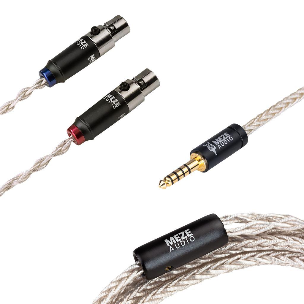 Close-up of the Meze Audio Silver PCUHD 4-Pin Mini-XLR Replacement Cable, a silver-plated copper audio cable with a 4.4mm balanced connector and dual XLRs with colored rings, designed by Meze for upgrading mini-XLR headphones.