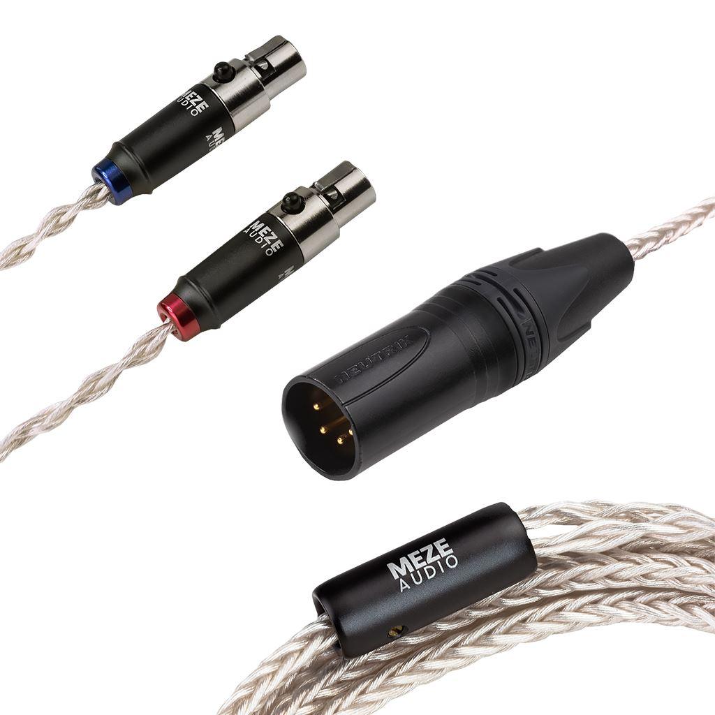 Close-up of the Meze Audio Silver PCUHD 4-Pin Mini-XLR Replacement Cable by Meze, featuring braided silver-plated copper, red and blue XLR connectors, and a black XLR plug for mini-XLR headphones on a white background.