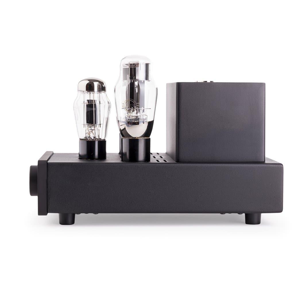 A black Feliks Audio Elise MK II headphone amplifier by Feliks Audio, featuring two exposed glass tubes and a rectangular metal housing, displayed on a white background.