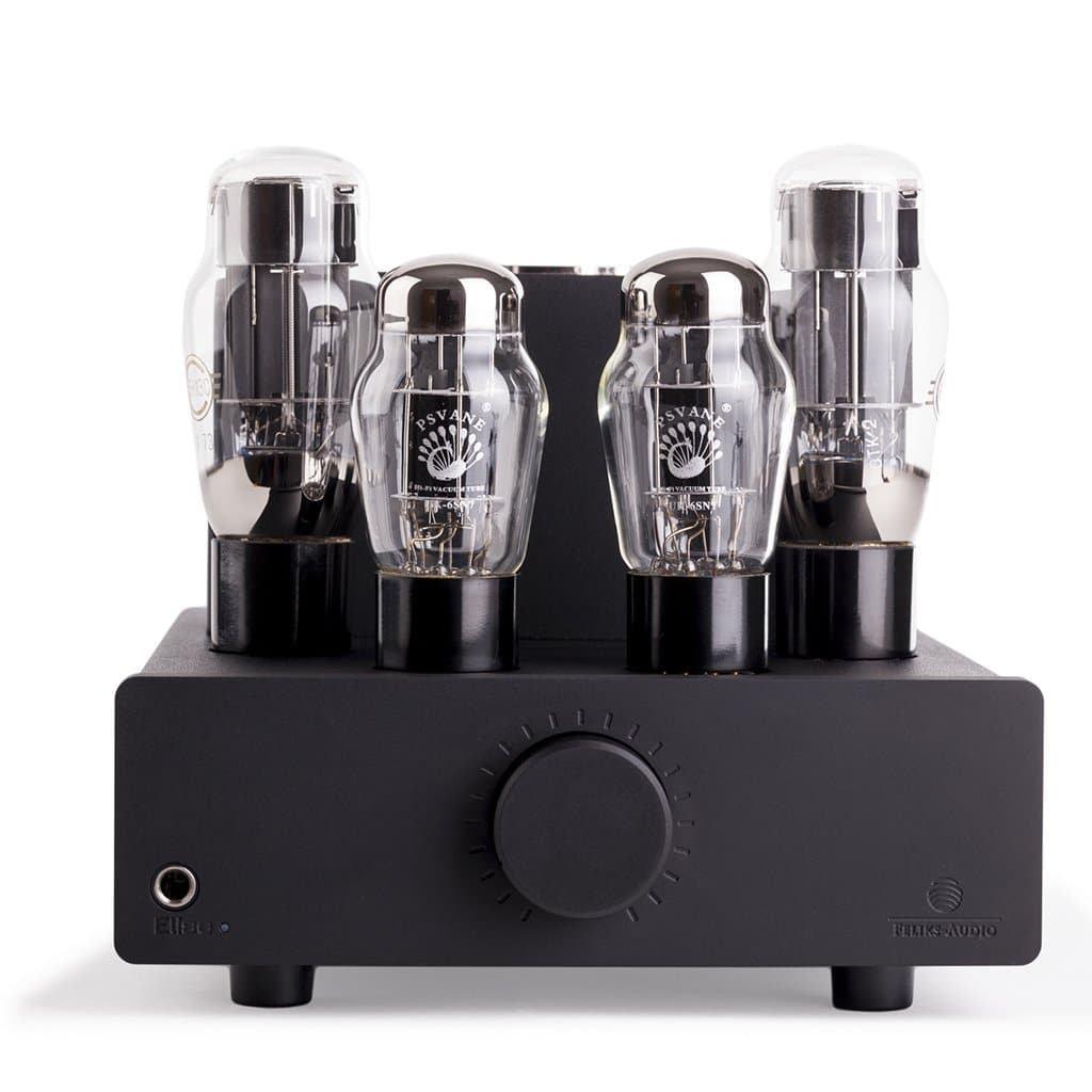 The Feliks Audio Elise MK II is a black headphone amplifier with five large vacuum tubes, a central control knob, headphone jack, and the Feliks Audio logo—ideal as a high-fidelity preamplifier.