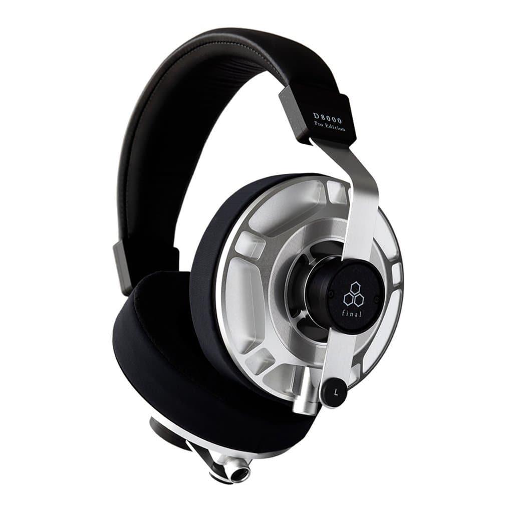 The Final Audio D8000 Pro headphones by Final Audio are professional over-ear headphones featuring a black headband with D8000 Pro Edition, silver ear cup frames, and black ear cushions.