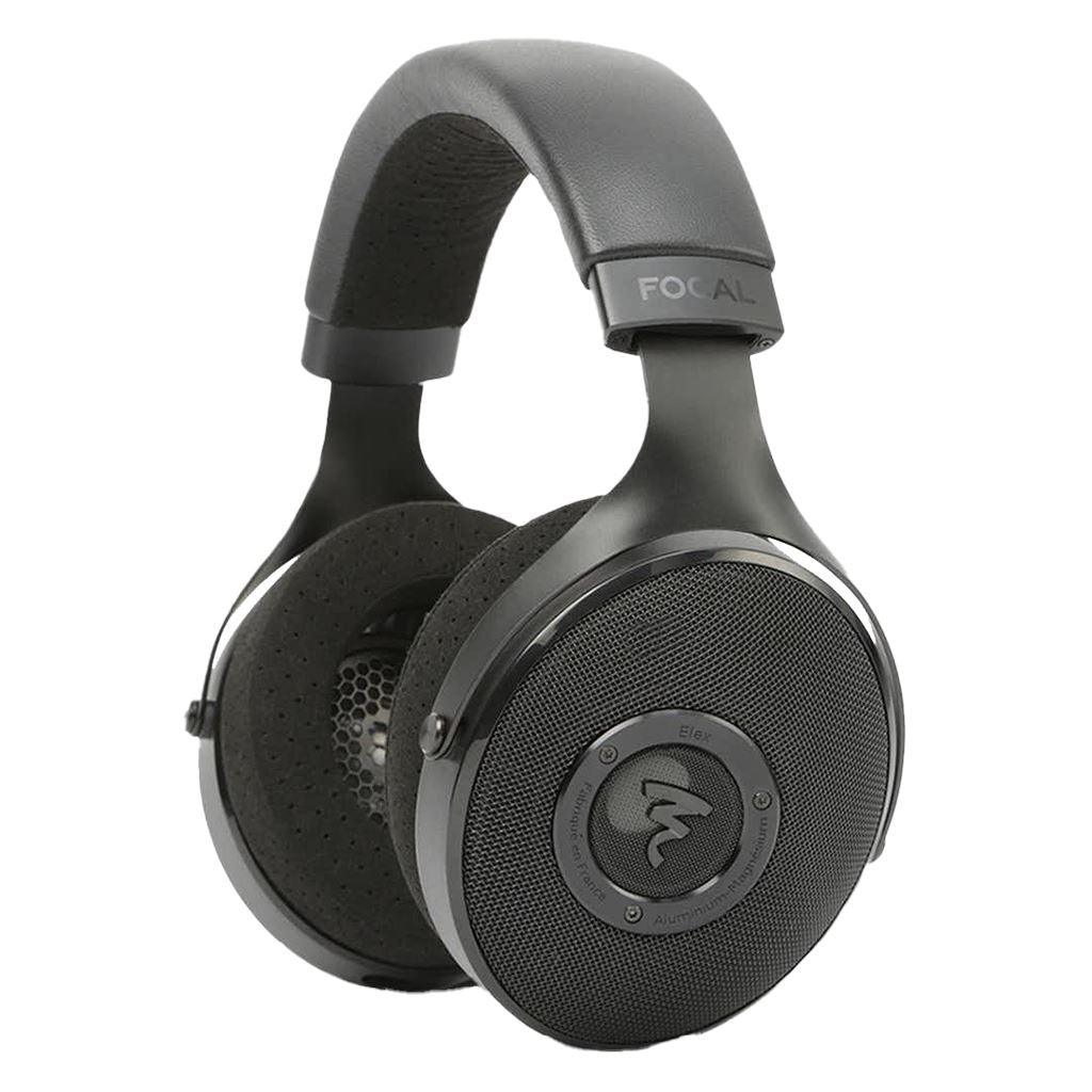 The Focal Elex Headphones are black over-ear dynamic headphones with cushioned ear pads, a padded headband, and mesh ear cups featuring the circular Focal logo—crafted for sonic perfection in every detail.
