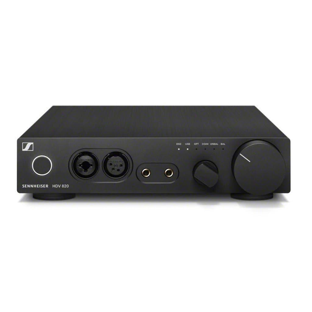 Front view of the Sennheiser HDV 820 Headphone Amplifier in black, featuring ESS SABRE32 DAC, multiple input/output ports, control knobs and buttons, with the Sennheiser logo on a white background—designed for high-end headphones.