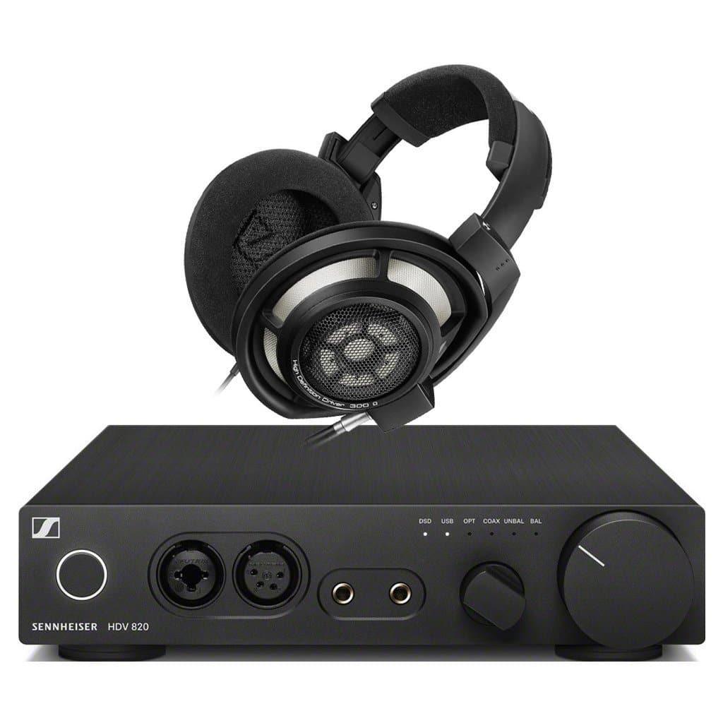 A pair of black high-end headphones sits atop a Sennheiser HDV 820 Headphone Amplifier, which features multiple control knobs, input ports, the Sennheiser logo, and an advanced ESS SABRE32 DAC for outstanding audio quality.