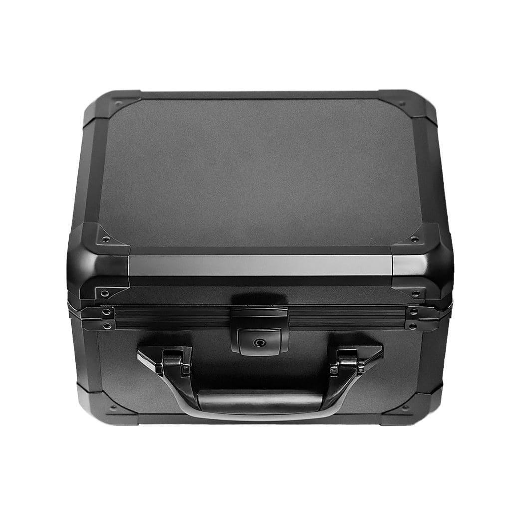 Audeze LCD-X 2024 Creators Edition Open Box: A durable black hard-shell case with reinforced corners, central latch, and sturdy handle—ideal for storing planar magnetic headphones—shown closed on a white background.