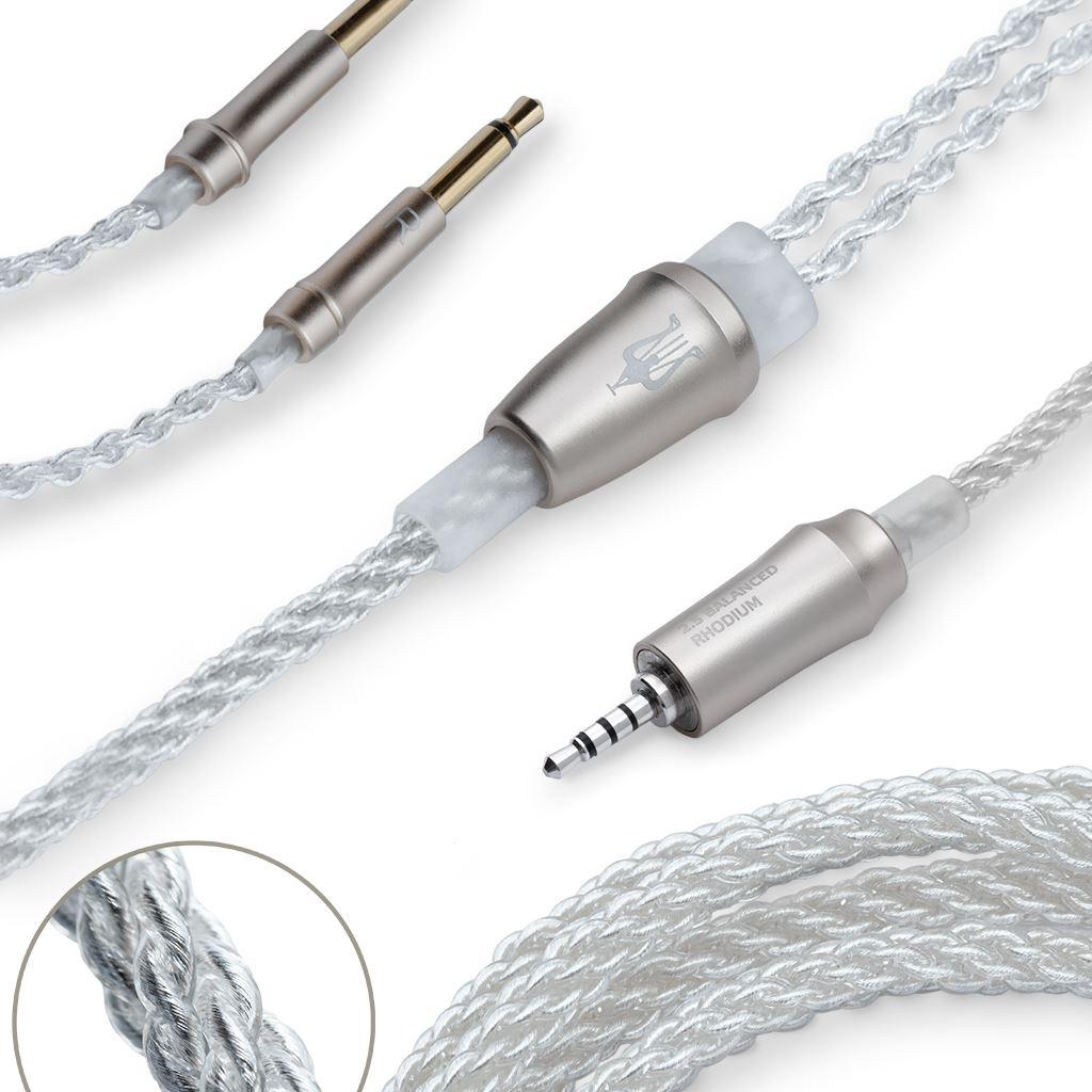 Close-up of the Meze Audio 99 Series Silver Replacement Cable, featuring a braided silver-plated copper design and your choice of 2.5mm, 3.5mm, or 4.4mm jack connectors. An inset shows the fine cable texture by Meze.
