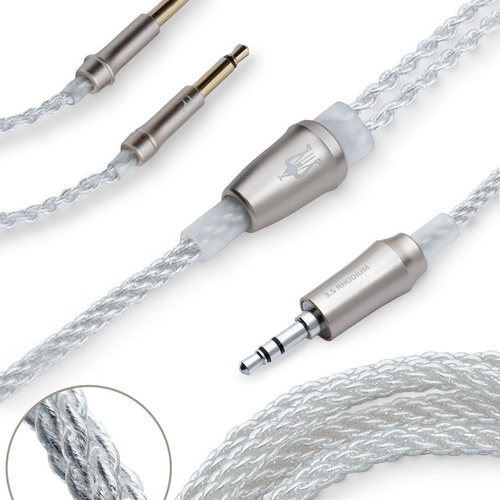 Close-up of the Meze Audio 99 Series Silver Replacement cable with metallic housings, a braided silver-plated copper design, and a 3.5mm TRS connector. Circular inset highlights the woven texture and rhodium or gold plating on the jack.