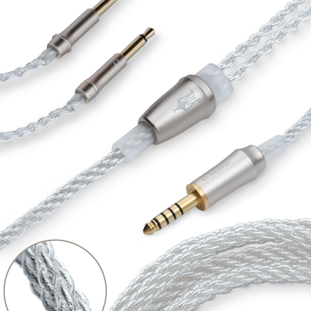 Close-up of the Meze Audio 99 Series Silver Replacement cable with gold-plated 3.5mm and 2.5mm jacks; an inset showcases the premium silver-plated copper braiding by Meze for superior audio quality.