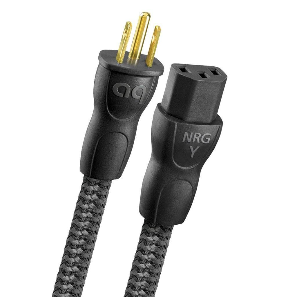 Close-up of the AudioQuest NRG-Y3 Power Cable (3 Meters) by AudioQuest, featuring black braided shielding, Long-Grain Copper conductors, a three-prong plug, and a three-slot NRG Y socket with matte, molded connectors.
