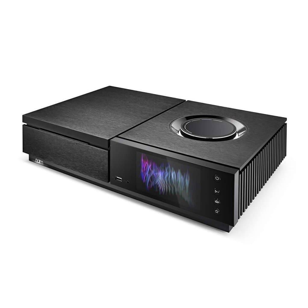 The Naim UNITI STAR by Naim is a sleek black audio device with Chromecast built-in, a digital touchscreen, large circular dial, and front ports and buttons—ideal for streaming—pictured on a white background.