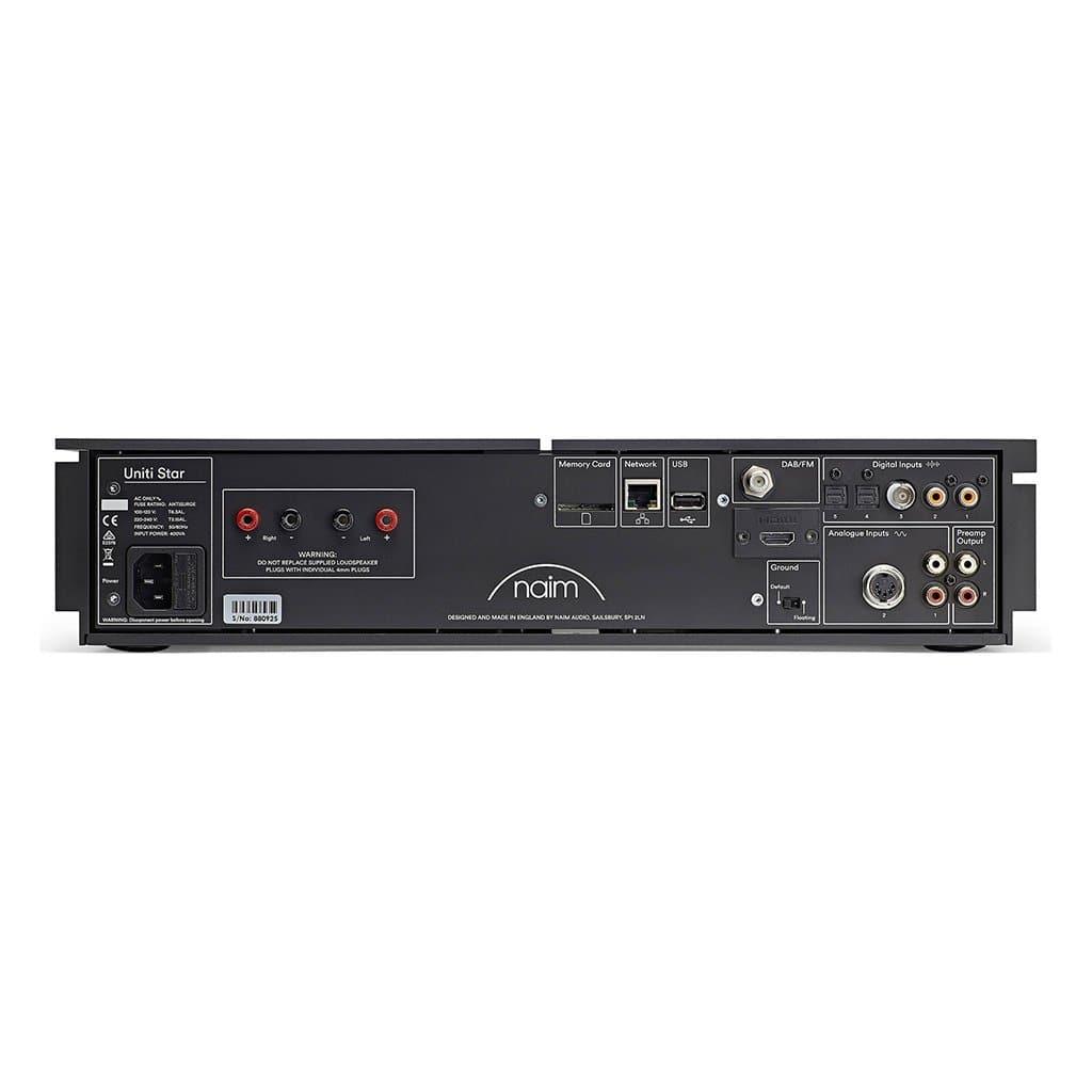 Rear view of the Naim UNITI STAR by Naim, displaying input/output ports such as speaker connections, Ethernet, USB, coaxial, optical, RCA terminals, and a power socket—plus support for streaming services and Chromecast built-in.
