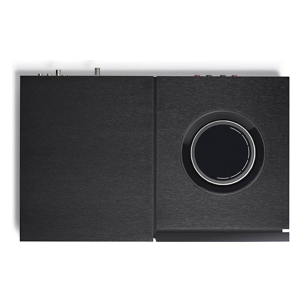 Top-down view of the Naim UNITI STAR audio device by Naim, featuring a large circular dial on the right and a minimalistic brushed metal design. Its modern look is matched by streaming services and built-in Chromecast for enhanced versatility.