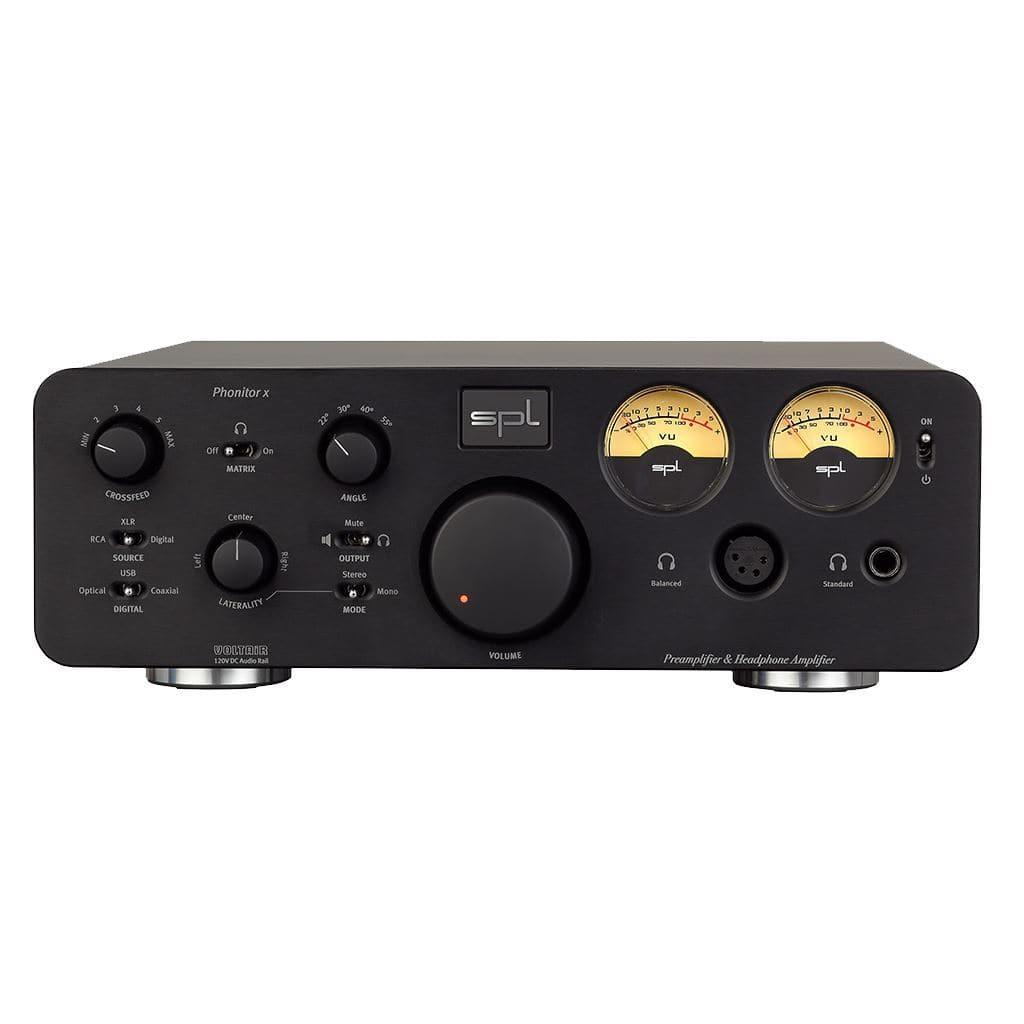 Front view of the SPL Phonitor X Headphone Amplifier - Open Box by SPL, showcasing the Phonitor Matrix, control knobs, buttons, input/output jacks, and two yellow-backlit analog VU meters.