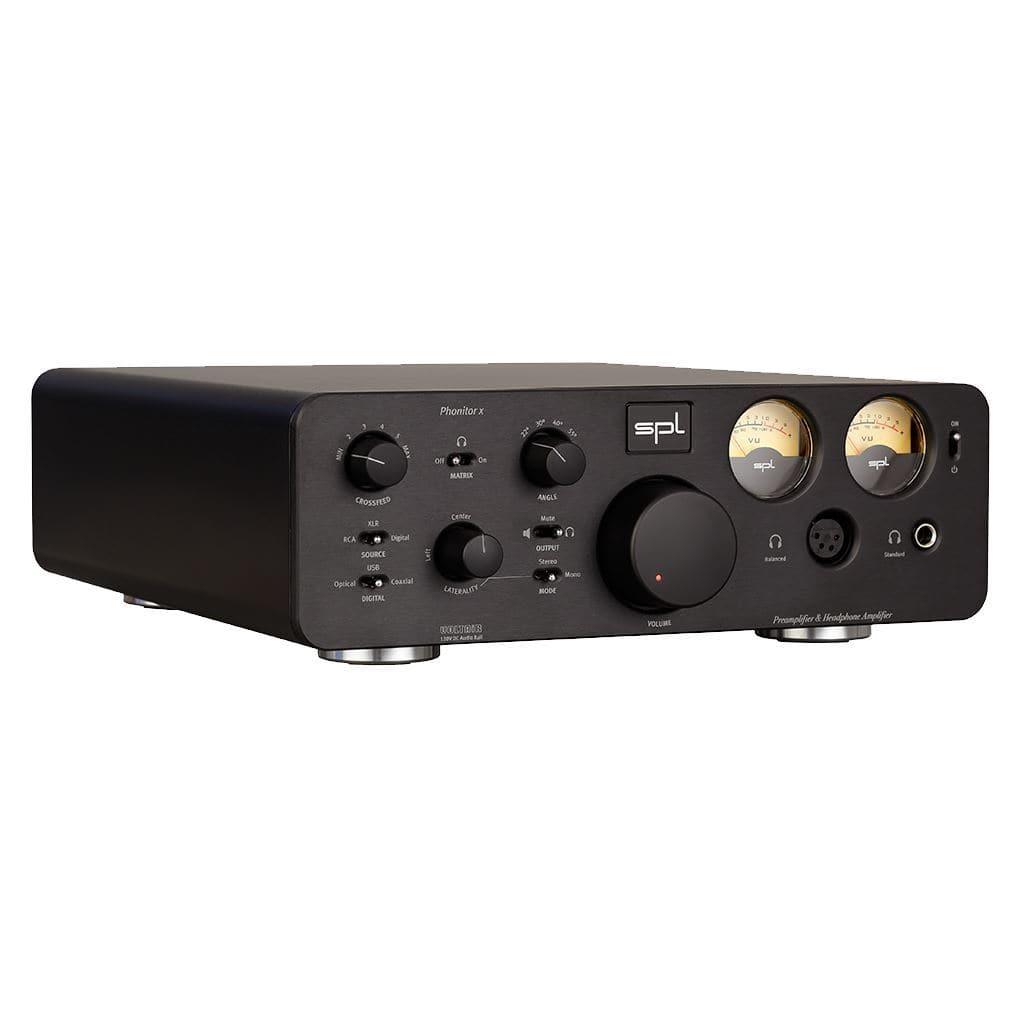The SPL Phonitor X Headphone Amplifier - Open Box by SPL features multiple control knobs, a large central volume dial, two analog level meters, the Phonitor Matrix function, and a front-panel headphone jack.