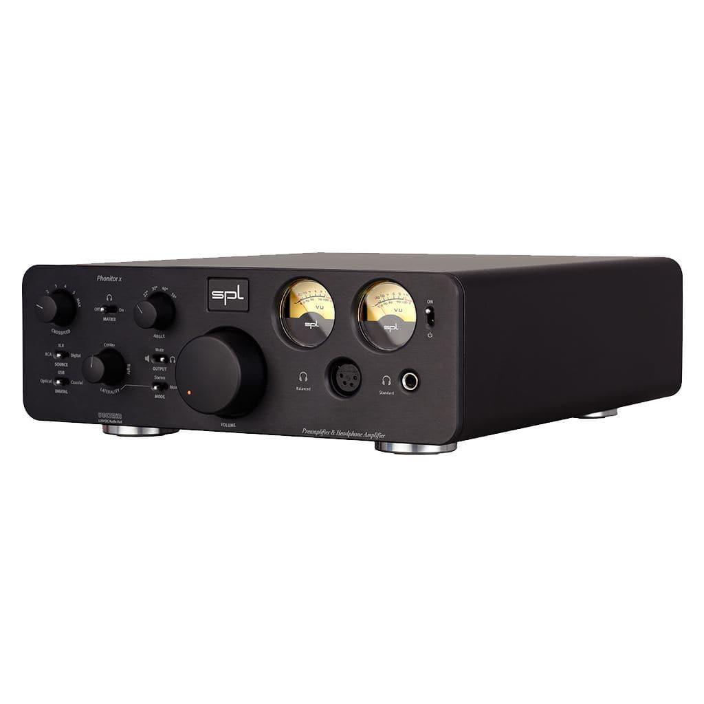The SPL Phonitor X Headphone Amplifier - Open Box by SPL features the Phonitor Matrix, control knobs, dual analog VU meters, buttons, and a front-panel headphone jack.