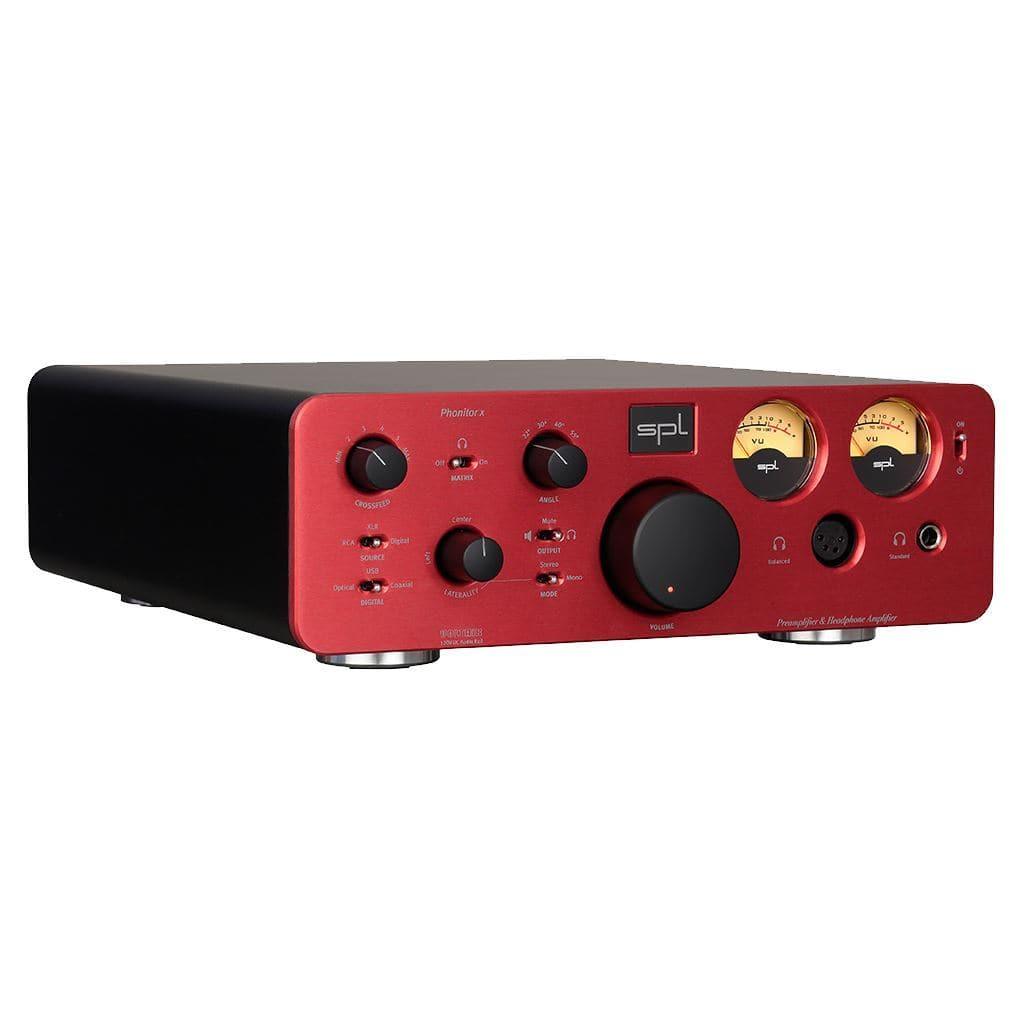 The SPL Phonitor X Headphone Amplifier - Open Box by SPL features red and black design, control knobs, switches, two analog VU meters, a headphone jack, the SPL logo on the front panel, and renowned Phonitor Matrix technology.