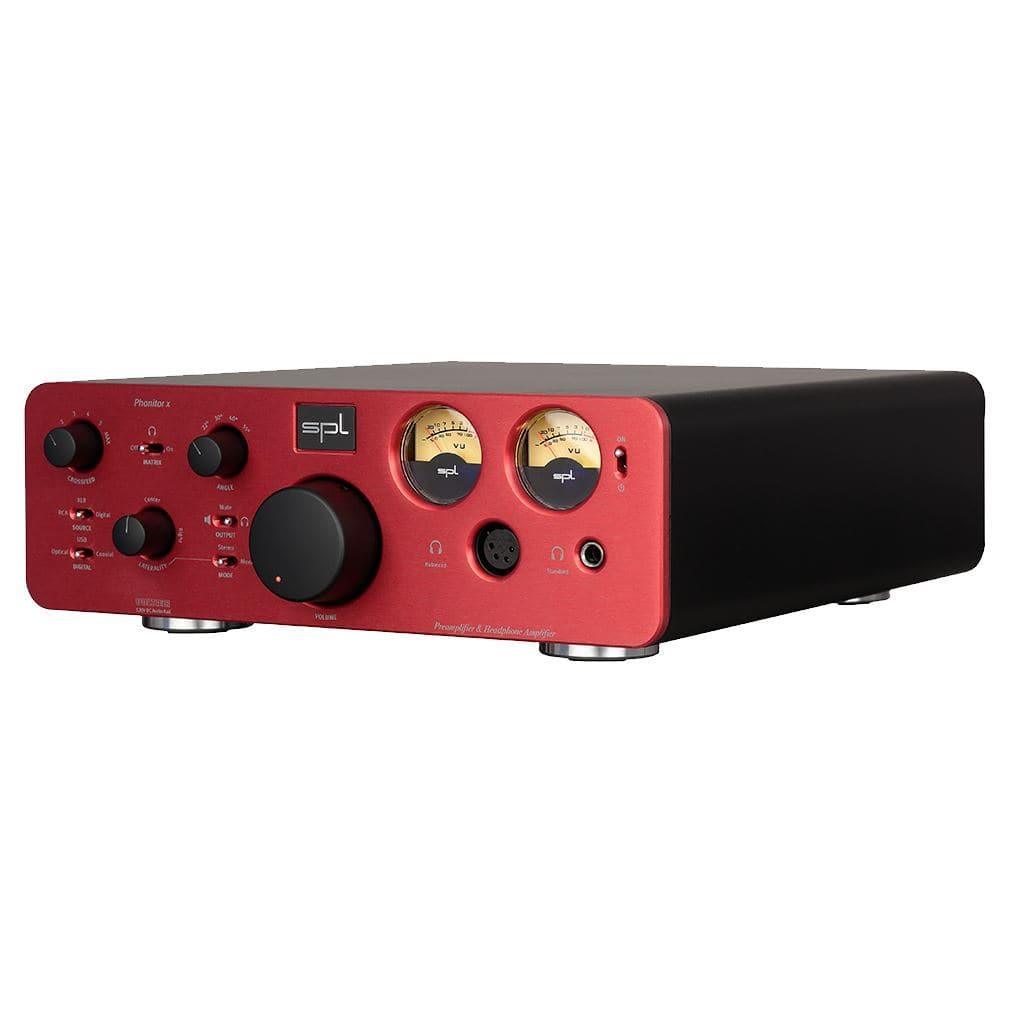 The SPL Phonitor X Headphone Amplifier - Open Box by SPL features red and black styling, various knobs, the Phonitor Matrix, two analog VU meters, and functions as both a premium preamplifier and headphone amplifier.