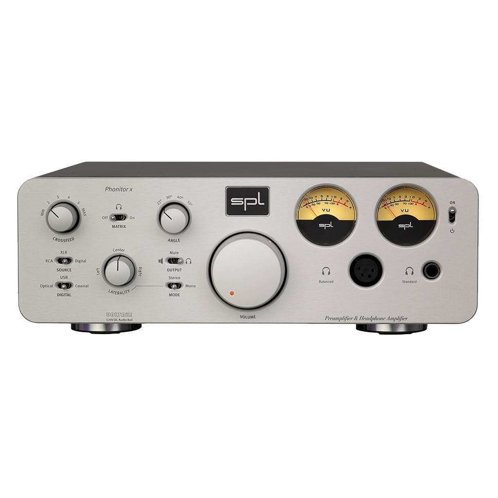 Front view of the SPL Phonitor X Headphone Amplifier - Open Box by SPL in silver, with two yellow VU meters, control knobs, Phonitor Matrix controls, buttons, input/output jacks, and a central volume dial.