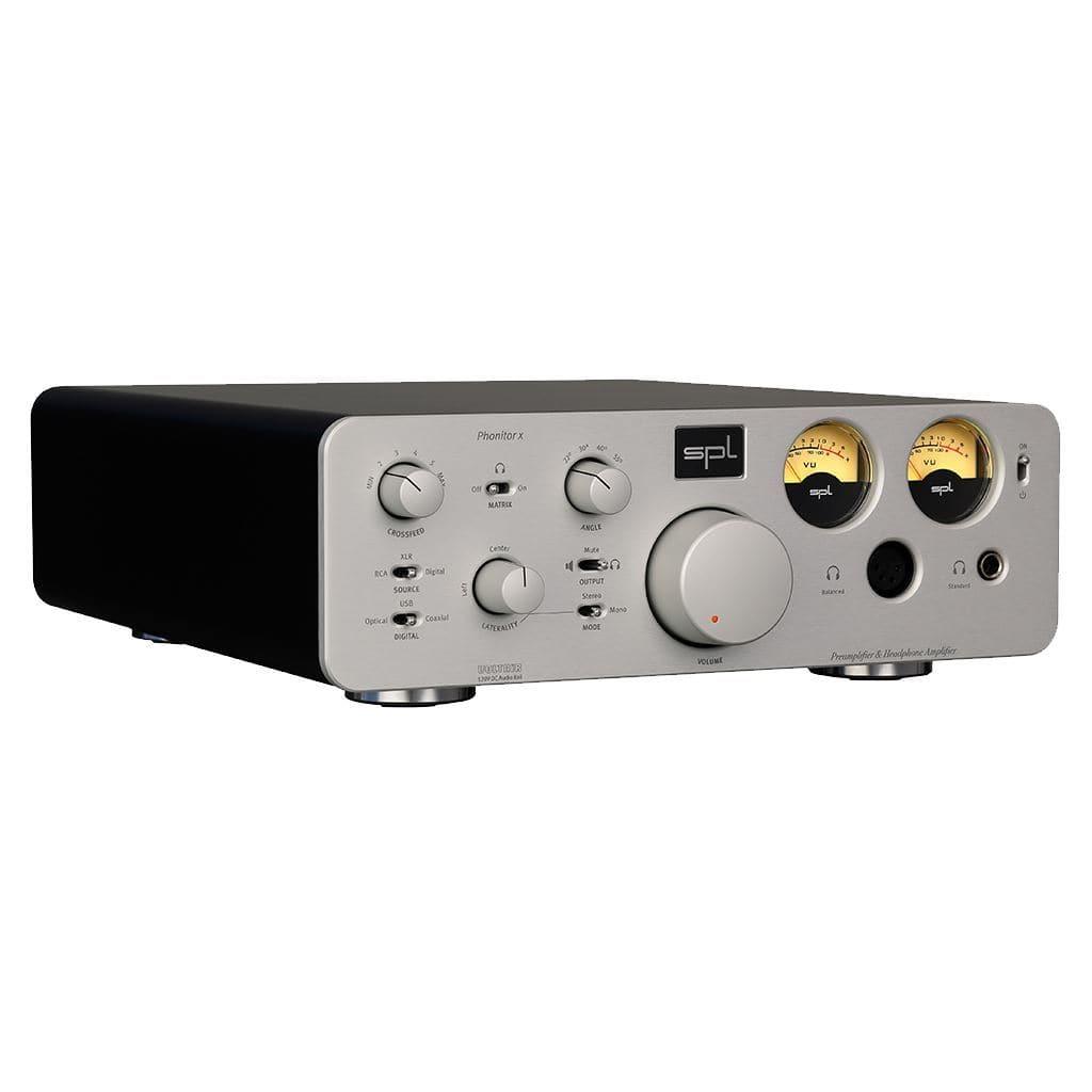 The SPL Phonitor X Headphone Amplifier - Open Box by SPL features a silver and black design with control knobs, switches, input/output ports, headphone amp functions, two yellow analog VU meters, and the Phonitor Matrix logo on the top center.