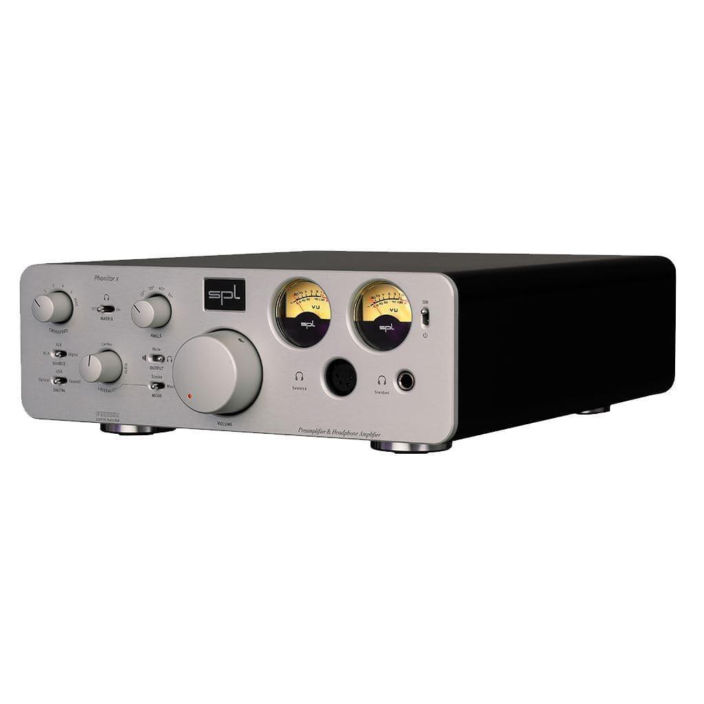 The SPL Phonitor X Headphone Amplifier - Open Box by SPL features silver and black design, control knobs, switches, dual yellow VU meters, Phonitor Matrix, and the SPL logo on its front panel, shown against a white background.