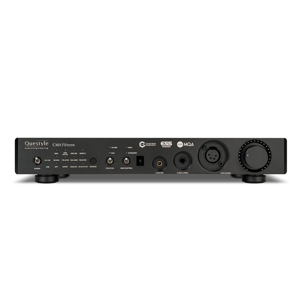 Front view of the Questyle CMA Fifteen Desktop DAC and Headphone Amplifier (Open Box) by Questyle, showing 4.4mm, 6.35mm and 4-pin xlr headphone outputs —illustrating its advanced desktop audio capability.