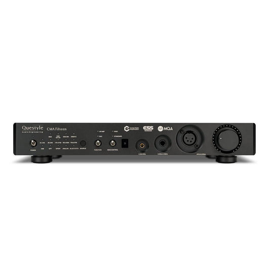 Front view of the Questyle CMA Fifteen Desktop DAC and Headphone Amplifier (Open Box) by Questyle, showing 4.4mm, 6.35mm and 4-pin xlr headphone outputs —illustrating its advanced desktop audio capability.