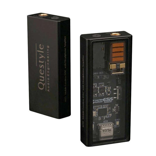 Two black rectangular Questyle M15 USB Portable DAC & Headphone Amplifiers are shown—one with a transparent side revealing hi-res audio components and a USB connector, the other displaying the Questyle logo, highlighting premium portable audio.