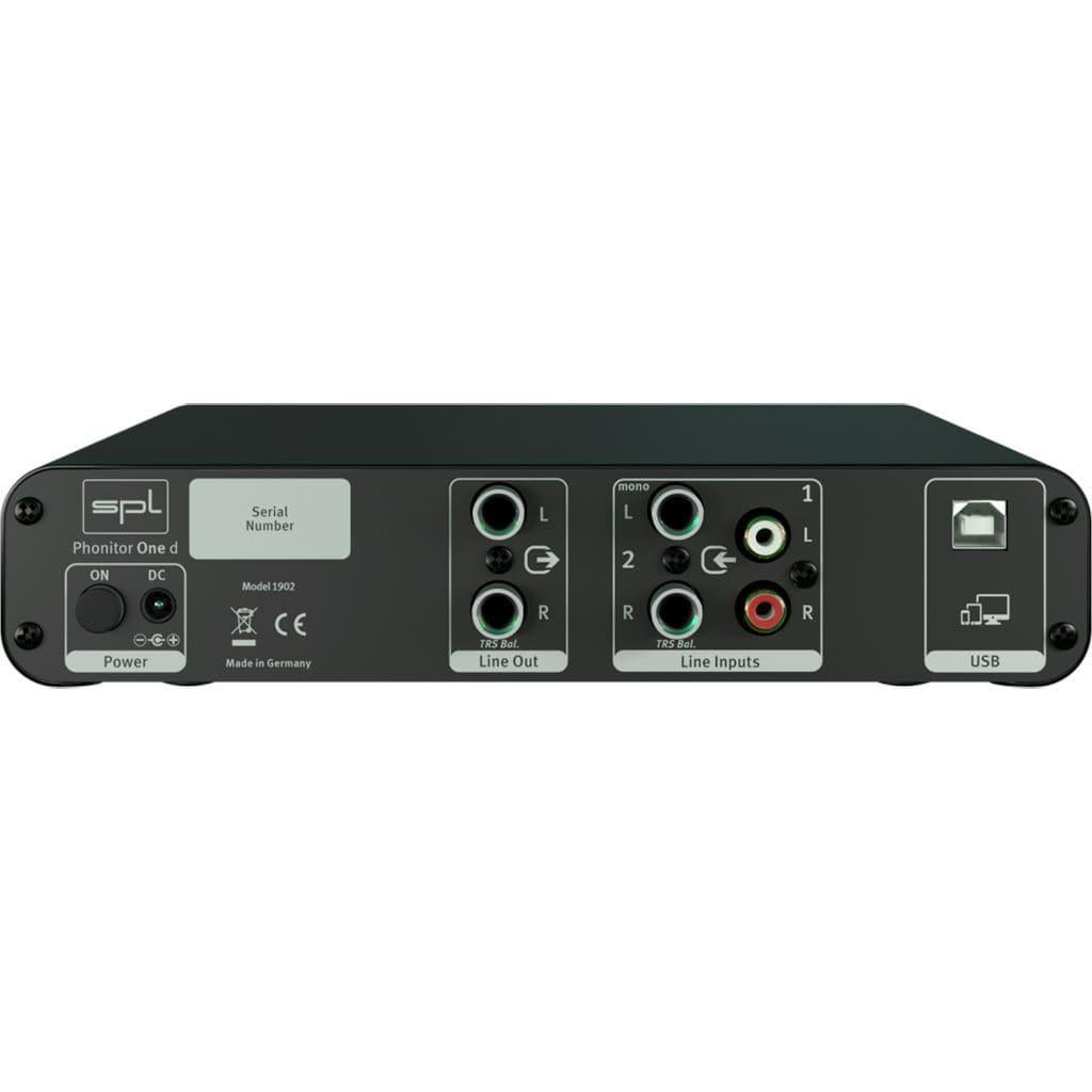 Rear view of the SPL Phonitor One D by SPL, showing power switch, serial number label, line out ports, left/right line input ports, and a USB port—engineered for exceptional sound quality.