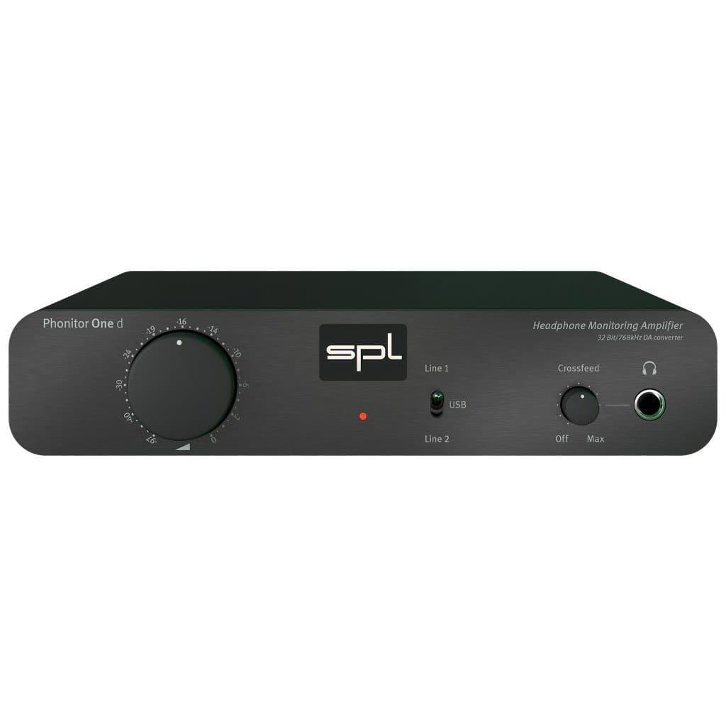 The SPL Phonitor One D by SPL is a black audiophile headphone amplifier featuring a large volume knob, input switches, Phonitor Matrix crossfeed control, LED indicators, headphone jack, and a central SPL logo for superior sound quality.