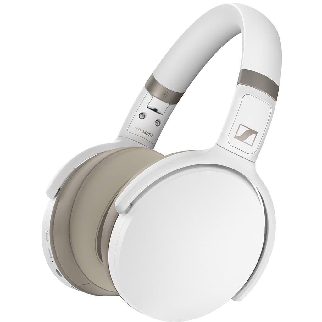 The Sennheiser HD 450BT over-ear wireless headphones by Sennheiser are shown at a slight angle on a white background, featuring active noise cancellation, cushioned ear pads, and an adjustable headband in white and beige.