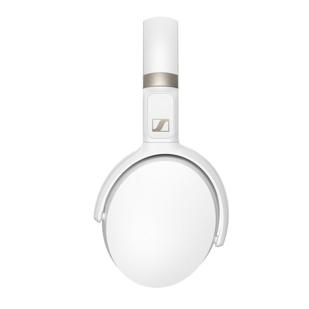 The Sennheiser HD 450BT wireless over-ear headphones in white feature a minimalist design, metallic accent on the adjustable headband, and active noise cancellation for superior sound quality.