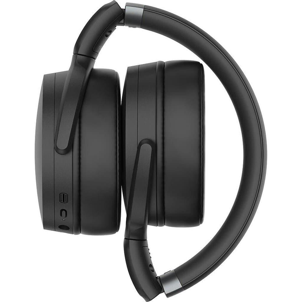 The Sennheiser HD 450BT wireless over-ear headphones in black are shown folded from the side against a white background, featuring visible control buttons and ports on the left ear cup for superior sound quality.