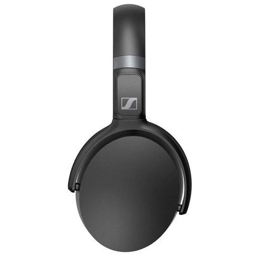 The Sennheiser HD 450BT Headphones are black over-ear headphones with a minimalist, modern design, featuring the Sennheiser logo on the headband hinge and delivering exceptional sound quality.