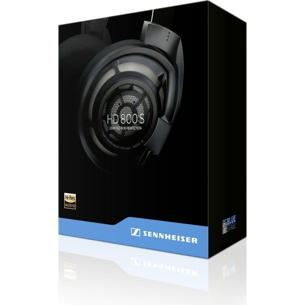 A black retail box displays the Sennheiser HD 800S Headphones - Open Box, with blue and white Sennheiser branding, Hi-Res Audio logo, and highlights of its sound absorber technology.