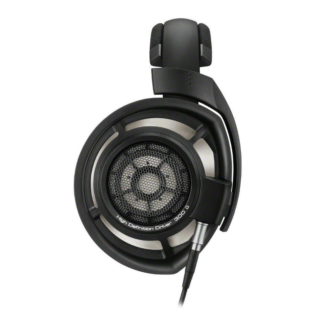 A top view of the black Sennheiser HD 800S Headphones - Open Box reveals the open-back design, circular mesh speaker, and High Definition Driver 300 Ω label, displayed against a white background.